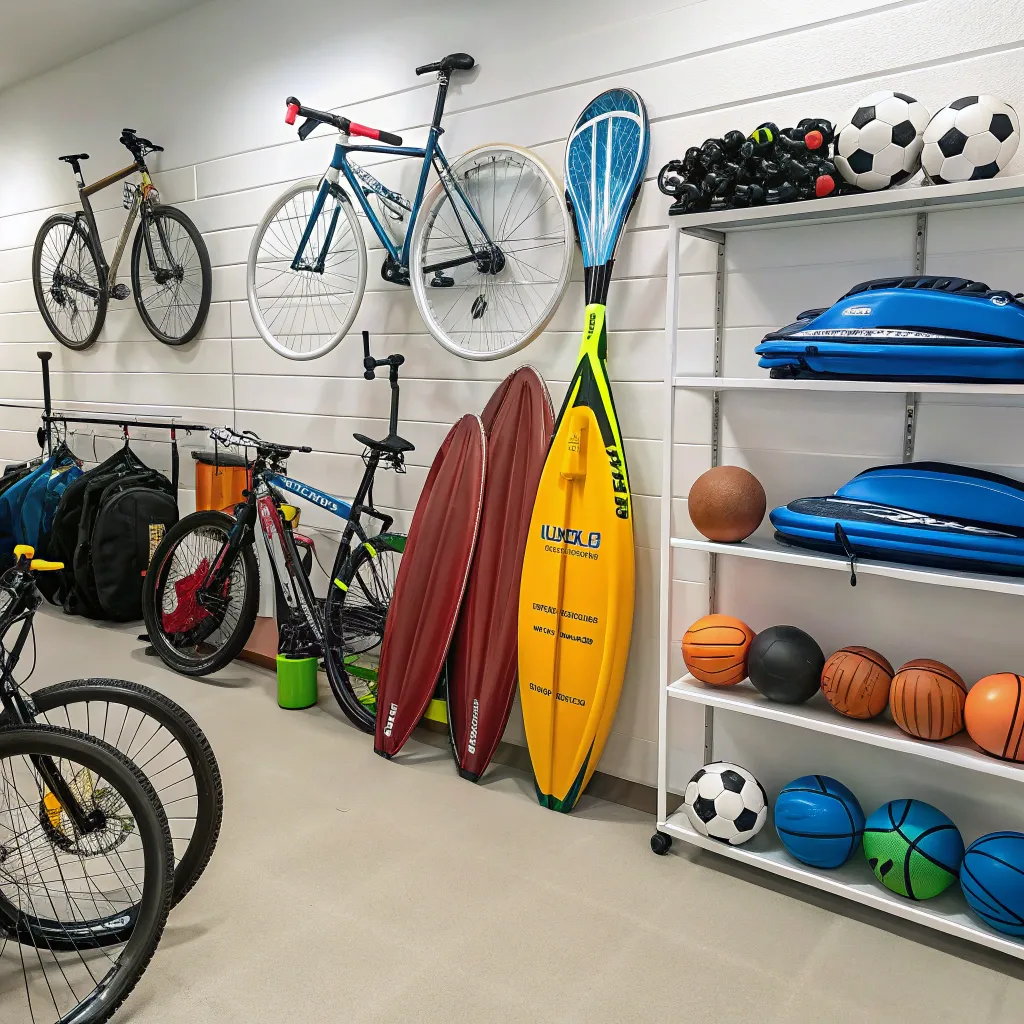 A variety of sports equipment available for rent, displayed in an organized layout